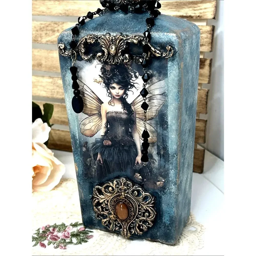 Handcrafted Fairy Art Décor Bottle in Teal with Black Beaded Accent